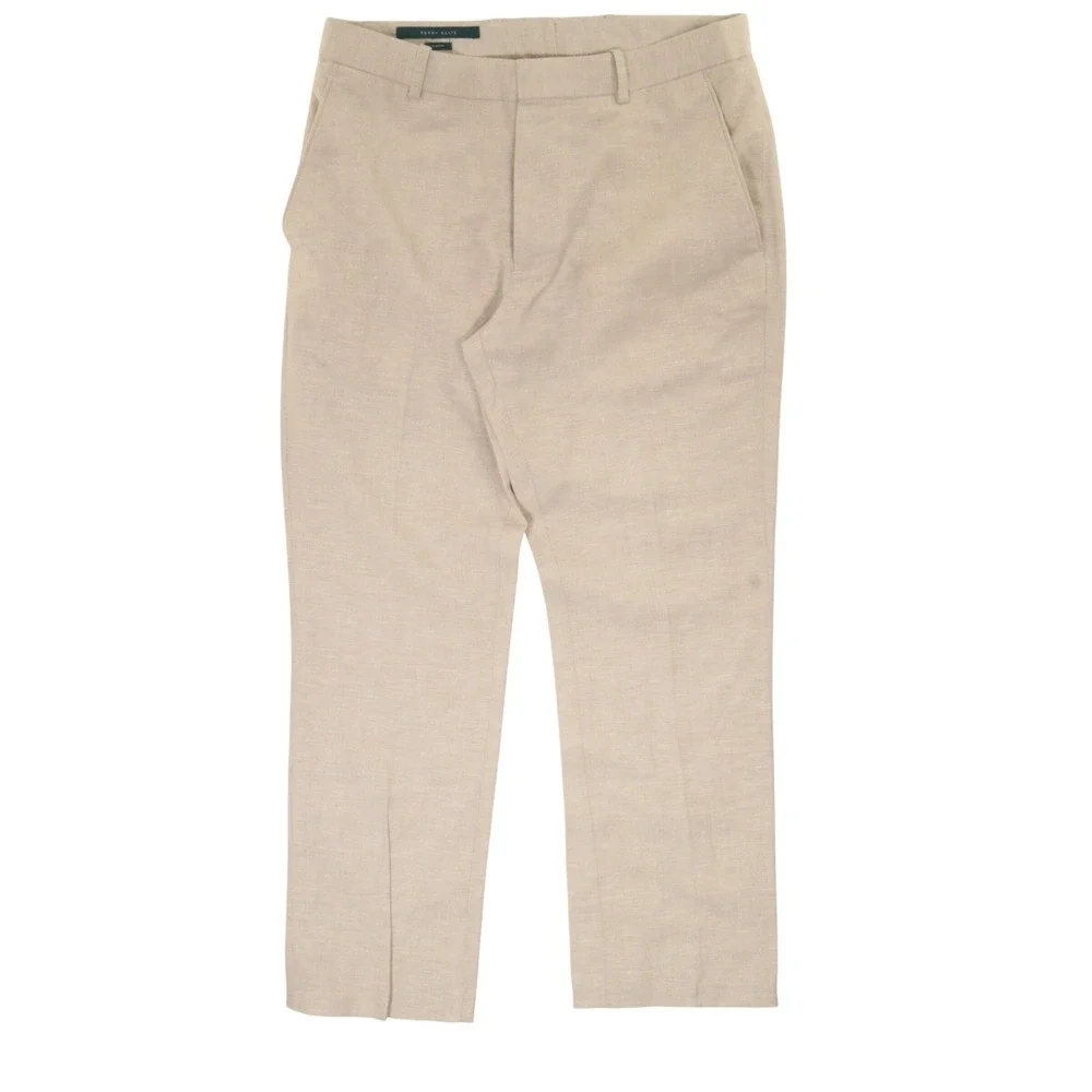 Perry Ellis Dress Pants Men 29x30 Slim Fit Flat Front Khaki Tan Linen Blend EUC